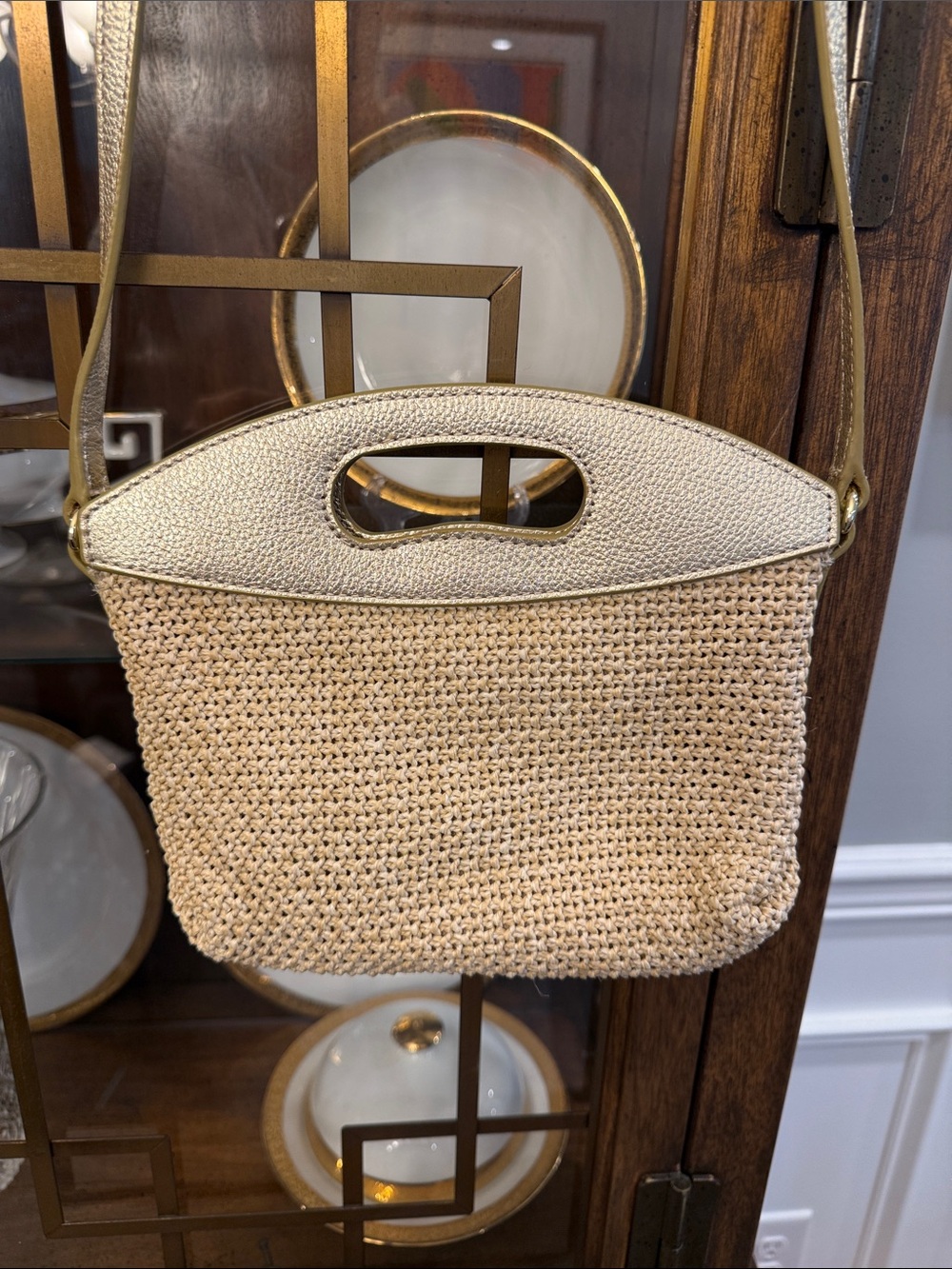 Talbots Natural Straw Crossbody with Gold Trim